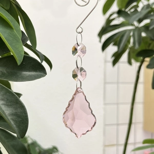 Detail of 50mm pink maple leaf crystal suncatcher with faceted beads and metal S-hook