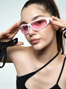 Close-up of white Y2K wraparound sunglasses with transparent pink lenses on model