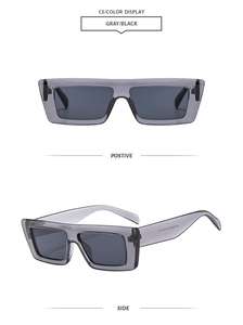 Detail view of square gray transparent sunglasses showing positive and side profile shots