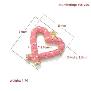 Pink heart enamel pendant with gold spiral detail and dimensions in millimeters