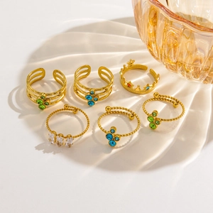 Set of 14K gold plated stainless steel open rings with colorful zircon insets