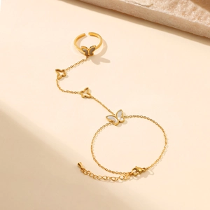 Elegant 18K gold plated butterfly slave bracelet with white shell inlay and adjustable ring
