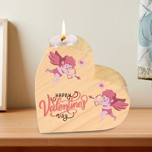 Heart-shaped pine wood candle holder with Cupid print for Valentine's Day decor