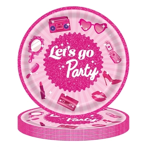 Pink Barbie-themed disposable paper plates featuring retro party icons and slogans