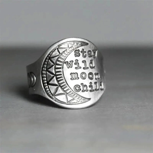 Retro Alloy Signet Ring Stay Wild Moon Child Engraved Crescent Moon Phases Bohemian Vintage Jewelry For Women Men