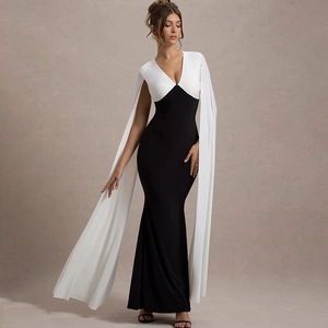 Women Color Block V Neck Bodycon Maxi Dress With Cape Sleeves Backless Slit Evening Party Gown Polyester Elegant