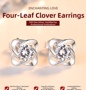 Macro detail of S999 sterling silver clover stud earrings with sparkling center stone