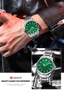 Detail of Curren men's steel watch with deep green dial and 24-hour bezel on leather jacket