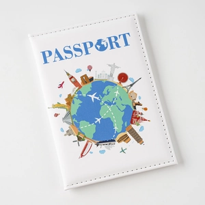 Custodia per passaporto bianca con illustrazioni di monumenti del mondo e testo blu