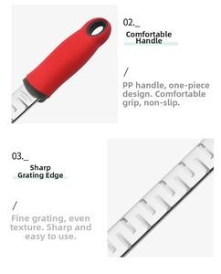 Detail of sharp stainless steel blade and ergonomic red non-slip PP handle on cheese grater
