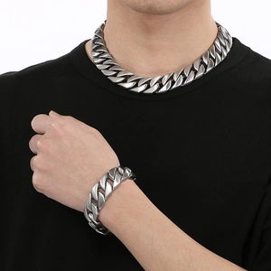 Men's silver sandblasted Cuban chain necklace and bracelet set with bone buckle closure