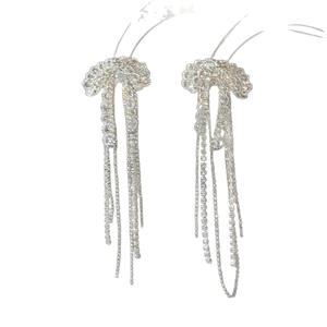 Elegante silberne Ohrhänger mit Zirkon-Schleife und langen hängenden Kristallketten