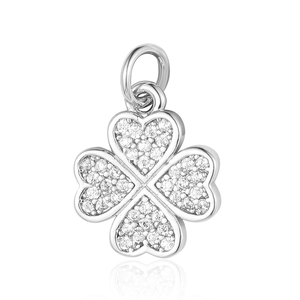 Detailed view of a silver four-leaf clover pendant with micro-pave cubic zirconia settings