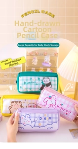 Detailed view of four colorful cartoon animal canvas pencil cases on a cozy desk setup