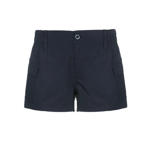 Women's dark blue cargo denim shorts featuring an elastic waist and utility pockets