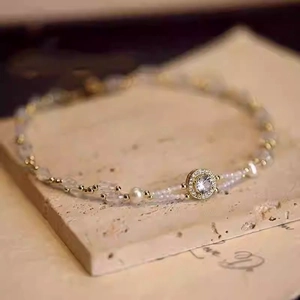 Sparkling crystal beaded geometric necklace with a circular pendant and round pearls