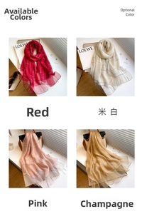 Collage of silk wool scarves in red, beige, pink, and champagne with striped patterns