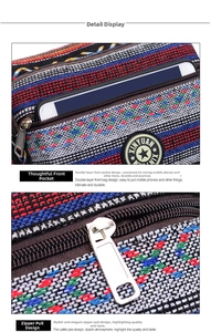 Close-up of ethnic striped canvas shoulder bag with dual front pockets and metal zipper