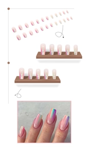 Three-stage layout showing iridescent aurora press-on nails with shiny pearl finish