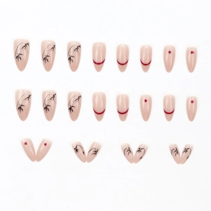Almond press-on nails with Chinese bamboo pattern and red accents in 24-piece set