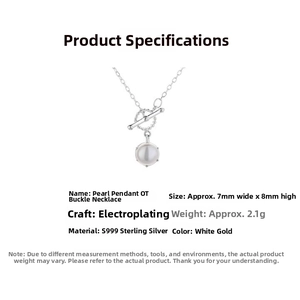 Detailed view of S999 sterling silver pearl pendant necklace with OT toggle clasp