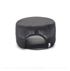 Detail of adjustable metal buckle and breathable mesh fabric on men's flat top sun cap