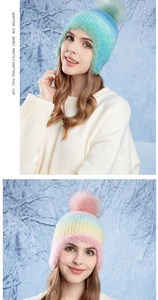 Detail of winter gradient knit beanie with faux fur pompom and soft fleece lining