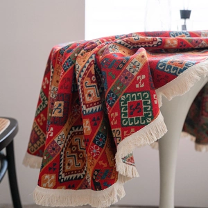 American style red jacquard Christmas tablecloth with ethnic geometric patterns and tassels