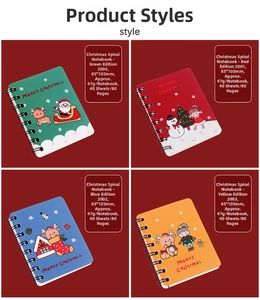Detail view of 85x105mm Christmas spiral notebooks in four festive cartoon designs