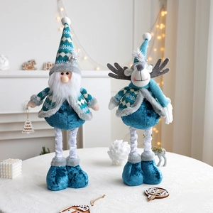 Blue and white telescopic Christmas plush gnome and reindeer figures for holiday decor