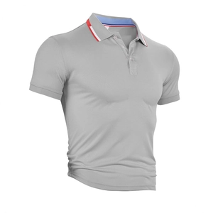 Men's light grey short sleeve polo shirt with breathable mesh fabric and tricolor collar