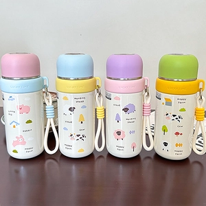 Cute cartoon stainless steel vacuum flasks with straps in four macaron colors