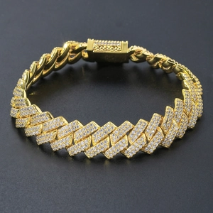 Men's 14mm hip hop gold Cuban link bracelet with micro-pave zircons and box clasp