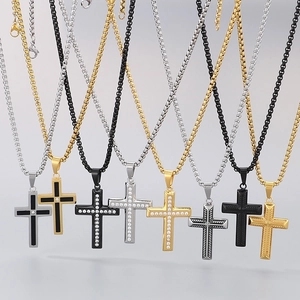 Minimalist stainless steel cross pendant necklaces with pavé crystals on box chains