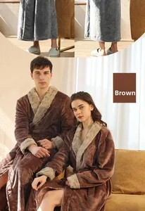 Close-up detail of plush thick brown flannel bathrobe fabric and classic shawl collar