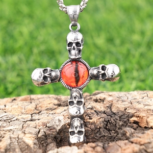 Gothic Skull Cross Pendant Necklace Stainless Steel Red Cat Eye Stone Punk Rock Retro Jewelry For Men Women