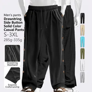 Men Linen Casual Pants Drawstring Straight Leg Loose Breathable Side Button Vacation Solid Color Beach Trousers