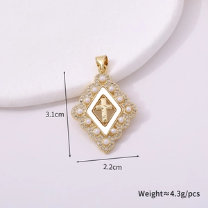 Detail shot of a 3.1cm golden diamond-shaped cross pendant with pearls and rhinestones