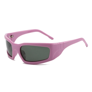 Pink Y2K cyberpunk sports sunglasses with dark lenses shown from a 45-degree angle