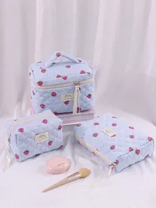 Quilted Strawberry Makeup Bag Large Capacity Striped Toiletry Organizer Pouch Travel Aesthetic Cosmetic Storage Case
