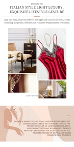 Detail of red satin nightgown with elegant grey floral lace trim at the neckline