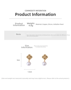 Detail view of gold clover earrings with black inlay, pearls, and weight specifications