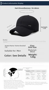 Size chart for men winter baseball cap showing dimensions and head circumference guide