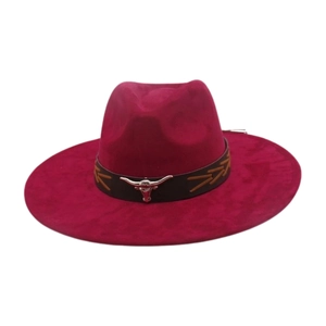 Classic burgundy wide brim western cowboy hat with decorative band and silver bull head icon