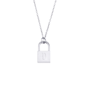 Detailed close-up of a silver stainless steel lock pendant with engraved letter V