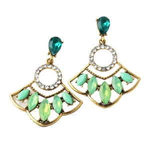 Bohemian fan-shaped drop earrings with vintage gold frames and green crystal stones