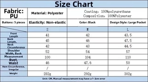 Detailed size chart for black PU leather vest showing fabric and measurements