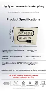 Detail view of linen cable organizer bag with charger icon, size 17x25cm and 33g weight