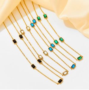 Gold-plated stainless steel necklaces featuring rectangular zircons in four vibrant colors