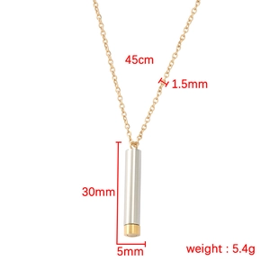 Stainless steel cylindrical nesting pendant necklace in gold and silver finish with size specs